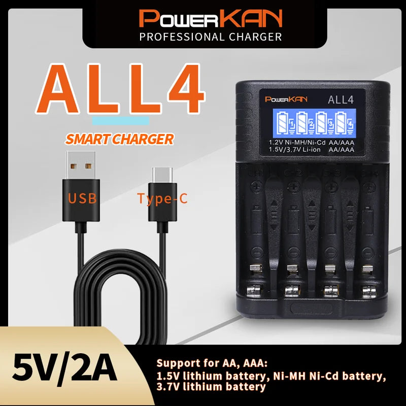 Rechargeable Battery Charger for AA AAA Lithium & NiMH Batteries, LCD Screen