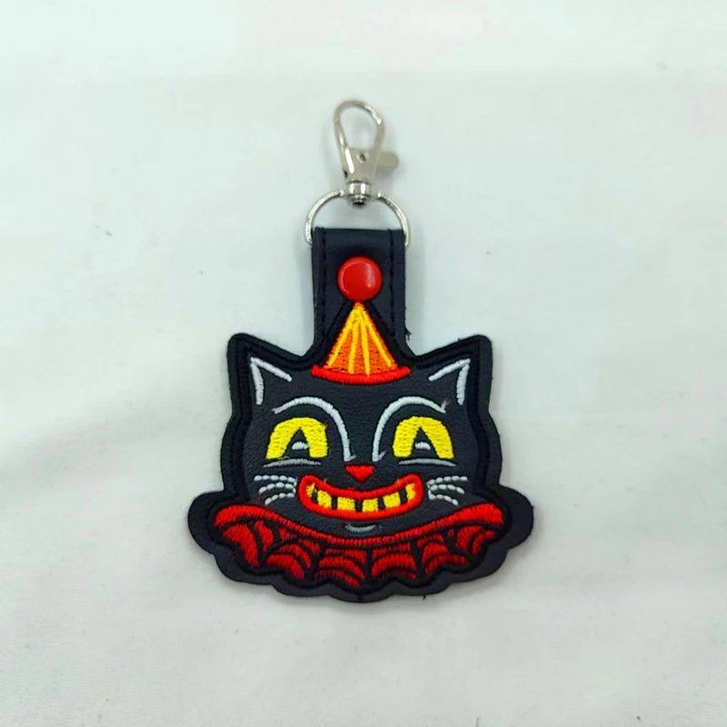 Vintage Halloween Black Cat Keychain - Embroidered Vinyl Cat Charm