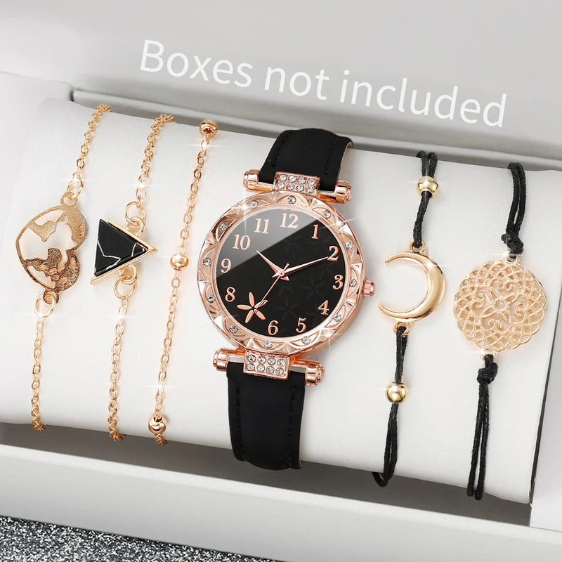 Fashion Women’s Quartz Watch Set with Leather Band and Rhinestones – Multiple Colors