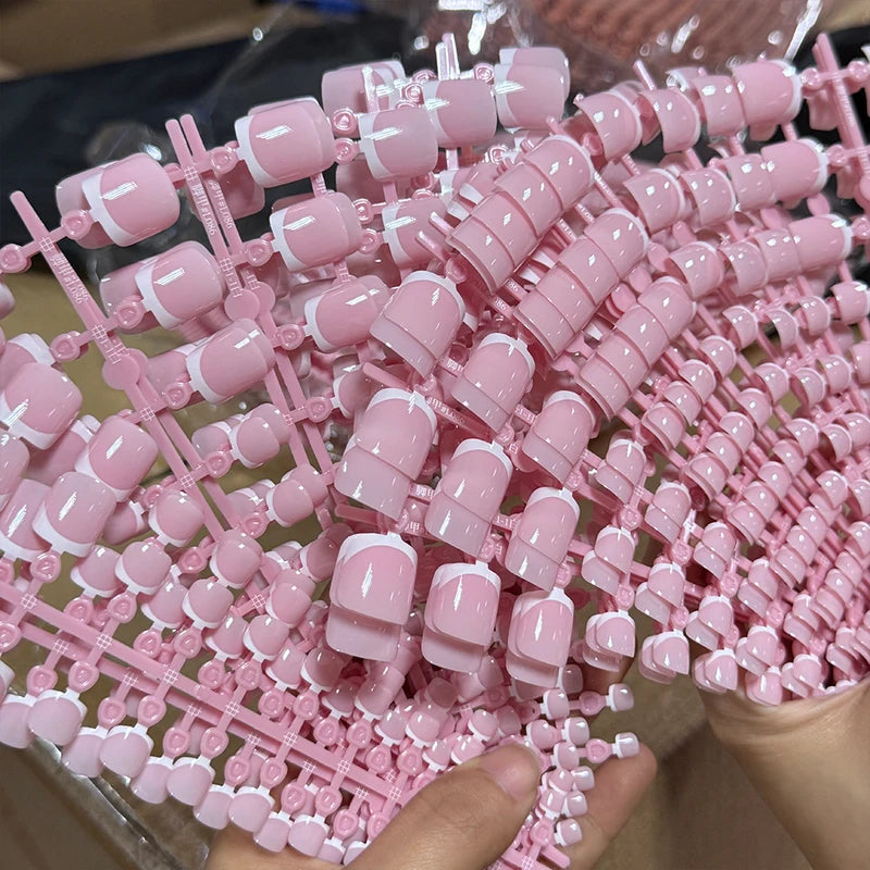 120pcs Short Square False Toe Nail Tips Pink French Gel Press On Full Cover