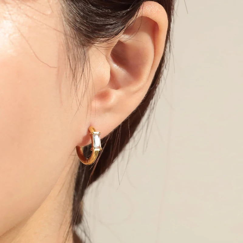 Sterling Silver Geometric Hoop Earrings with Zircon - Multiple Colors