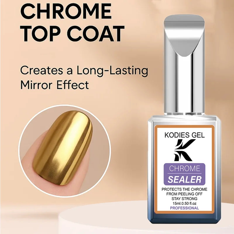 Chrome Nail Sealer Top Coat No Wipe UV Gel Finish for Mirror Nails - 15ml