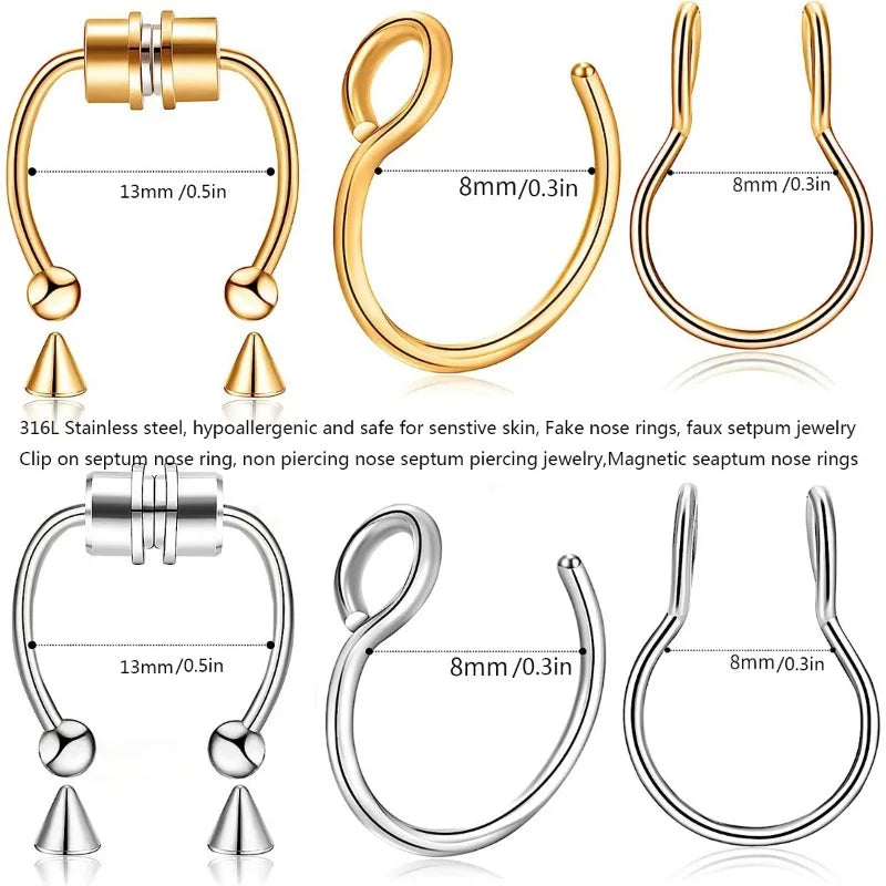 3Pcs Fake Nose Ring Set Magnetic Septum Hoop No Piercing Stainless Steel