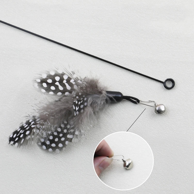Wooden Handle Spring Teasing Cat Toy with Pearl Feather Replacement Head - Boredom Relief Pet Supply