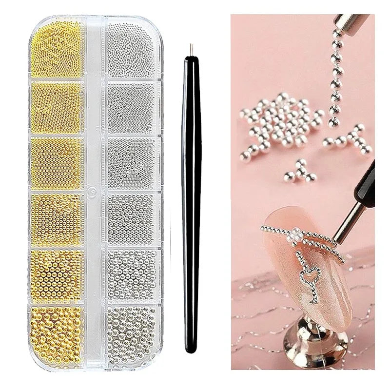 Mini Caviar Beads Nail Art Sets - 12Grid & 6Grid Strass Nail Diamonds for DIY Manicure