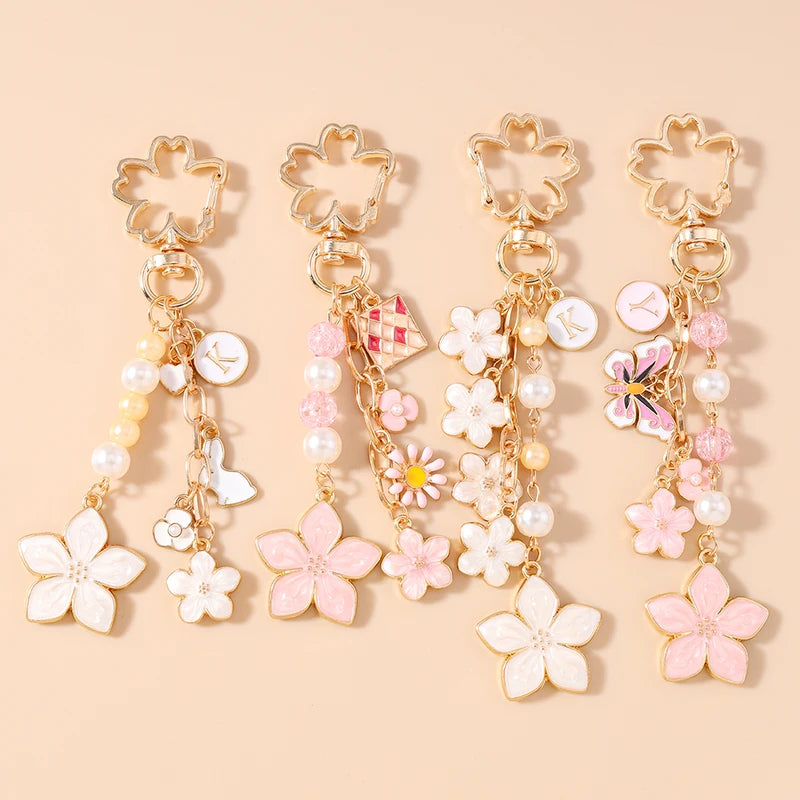 Enamel Flower Keychain for Women Girls Pearl Crystal Pendant Handbag Accessory Gift