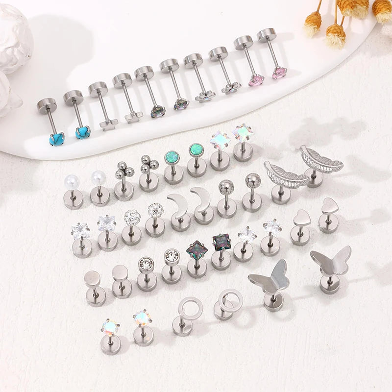 2PCS Stainless Steel Heart Moon Ear Studs - Women’s Tragus Cartilage Earrings
