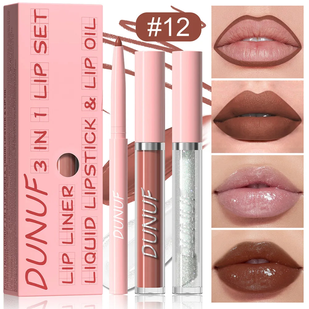 3-Piece Matte Lipstick Lip Liner and Lip Oil Set Waterproof Long Lasting