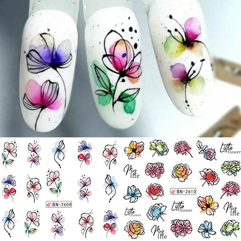 12-Piece Water Decal Nail Art Sticker Set with Flowers and Leaves