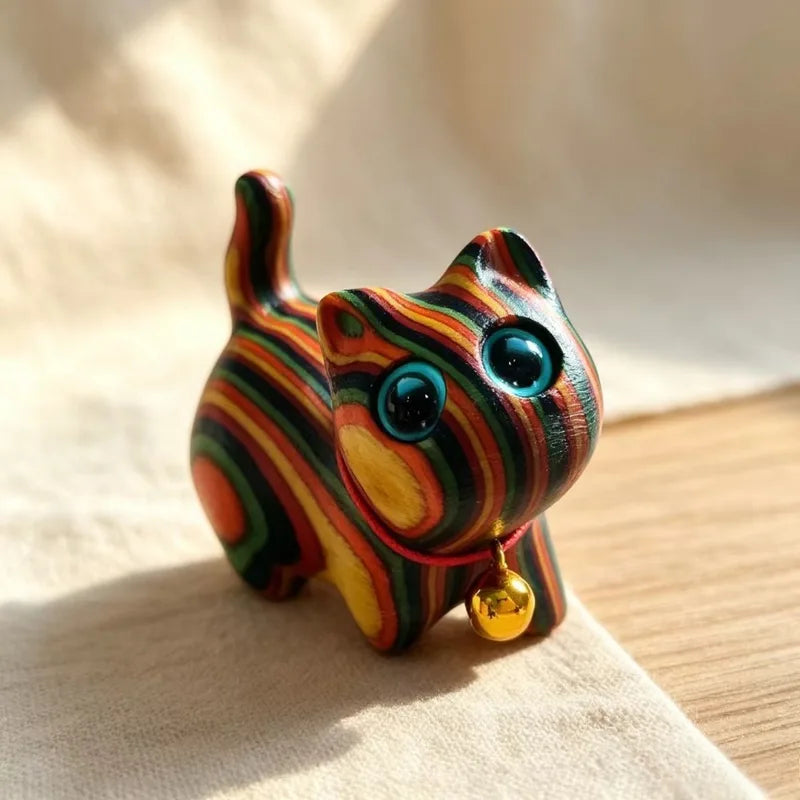 Painted Wooden Cat Sculpture - Small Kitten Home Decor Ornament