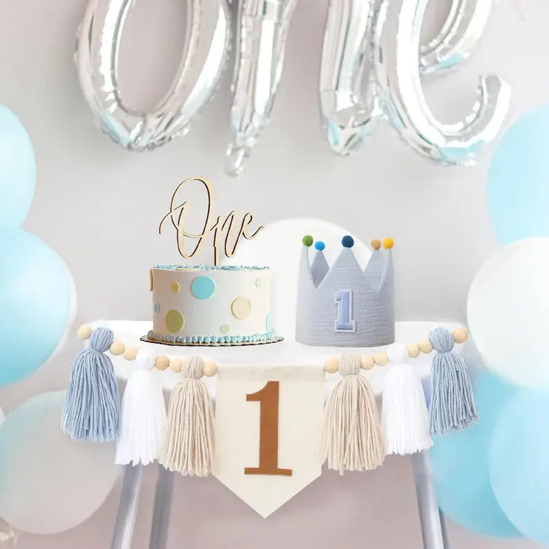 Baby First Birthday Decorations Set - Blue High Chair Banner & Wall Hangings