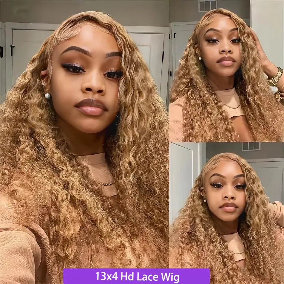 Deep Wave Lace Front Wig Honey Blonde HD 13x6 Transparent Frontal Human Hair 26-32in