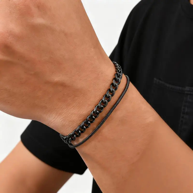 2pcs Men's & Boys Waterproof Stainless Steel Chain Bracelets - Stylish Gift for Dad & Him
