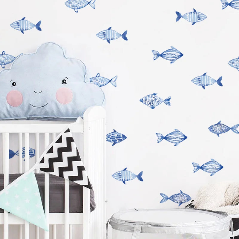 Watercolor Fish Wall Decals - Waterproof Peel & Stick Sea & Geo Design for Kids Room