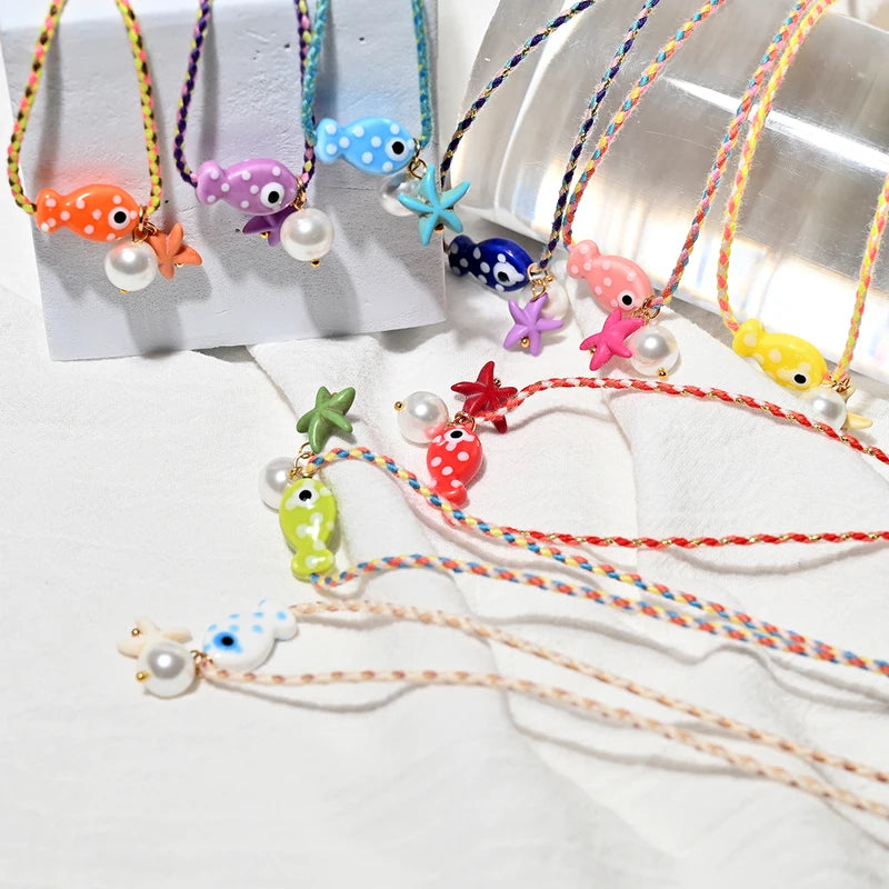 Colorful Bohemian Ceramic Fish Pendant Necklace for Women with Adjustable Rope Choker