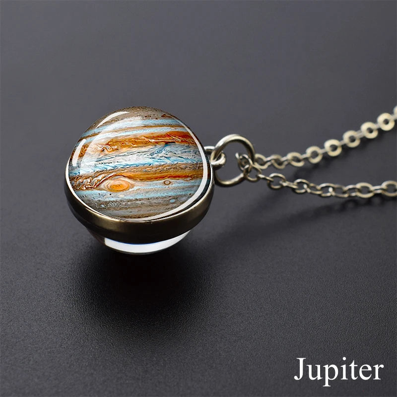 Solar System Planet Necklace with Moon Earth Jupiter Neptune Mars Venus Glass Ball Pendant Jewelry
