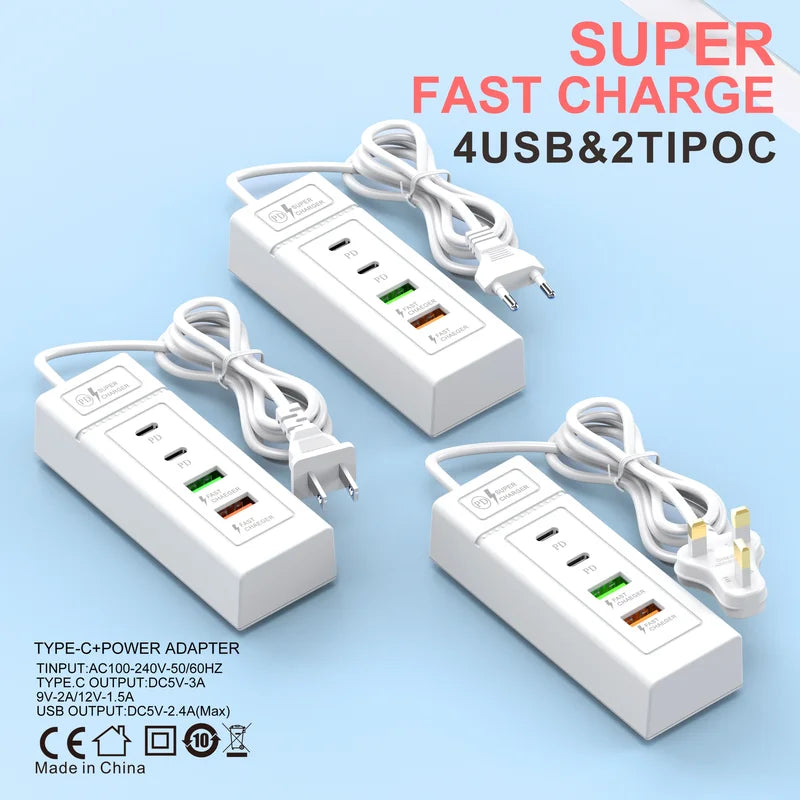4 Ports USB C Wall Charger Fast Charging Power Adapter for Smartphones