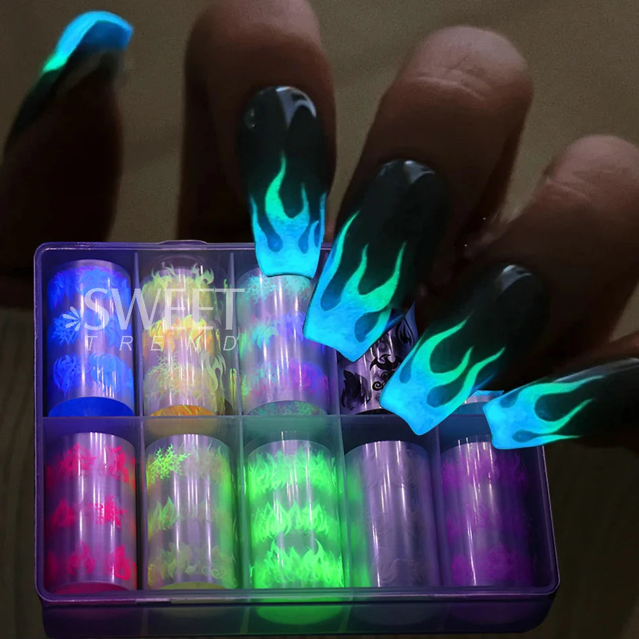 Fluorescent Fire Flame Nail Transfer Foils - Neon Sparkle Nail Art Stickers, Halloween Series