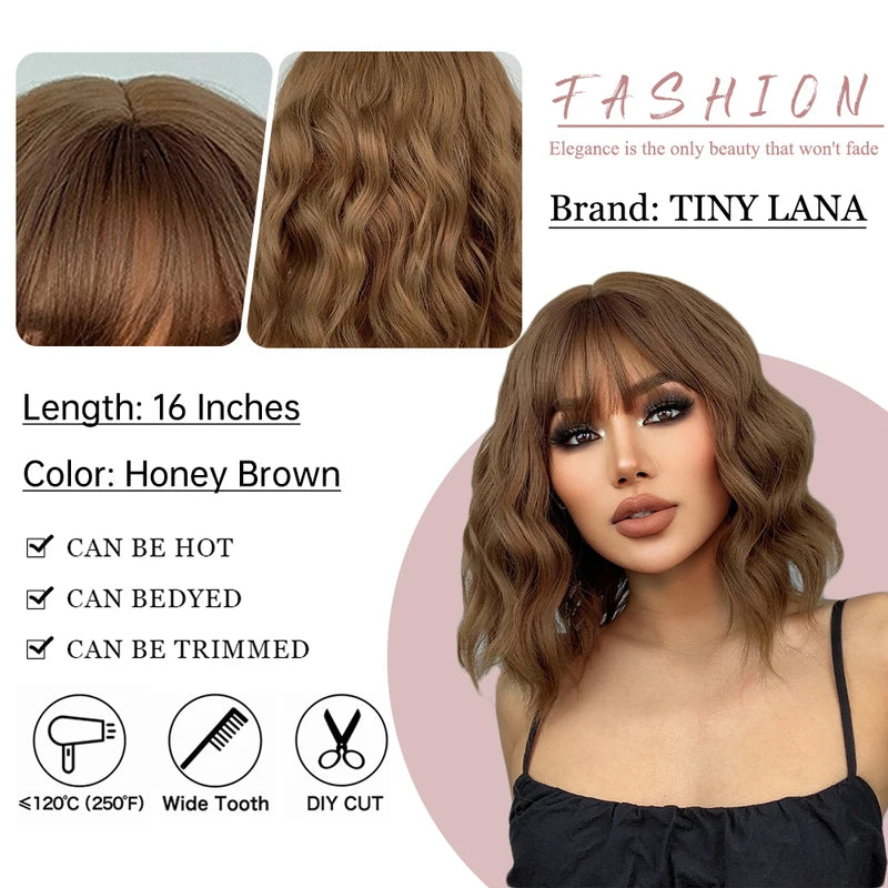 Short Wavy Honey Brown Copper Synthetic Wig with Bangs for Women - Heat-Resistant Cosplay & Daily Use