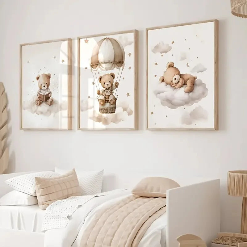 Bohemian Style Teddy Bear Animal Wall Art Posters - Nursery Canvas Prints for Kids Room Decor
