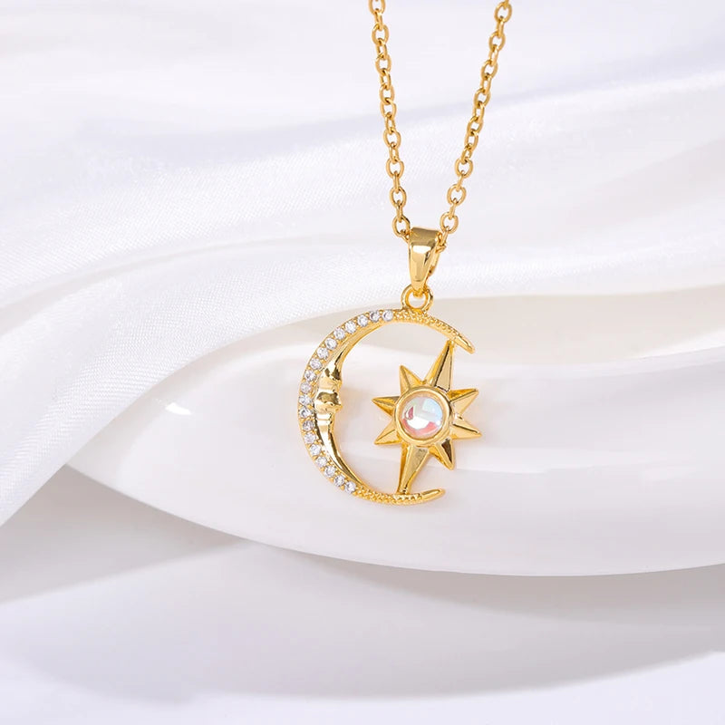 Women’s Moon Necklace with Star Pendant Stainless Steel Collarbone Chain Jewelry