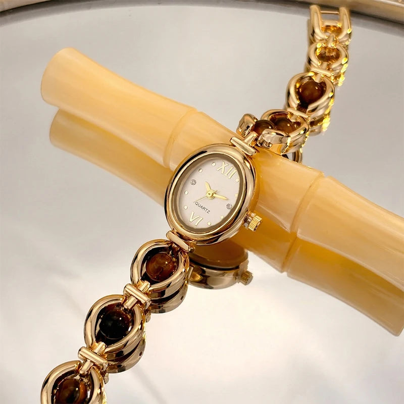 Elegant Oval Women's Wrist Watch with Sparkling Stones, Luxury Style