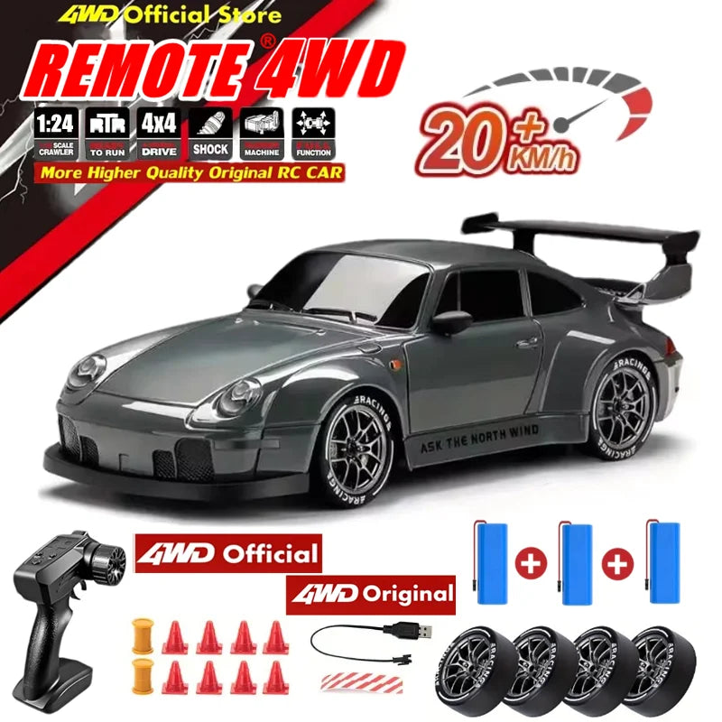 High Speed 1:24 Scale 4WD Remote Control Drift Car with Lights & Replaceable Tires