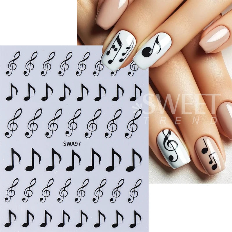 3-Pack Musical Notes Nail Stickers - Black Gold Silver 3D Holographic Decals for Nail Art