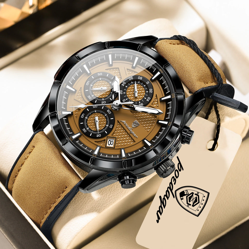Men's Waterproof Luminous Quartz Chronograph Watch with Leather Strap