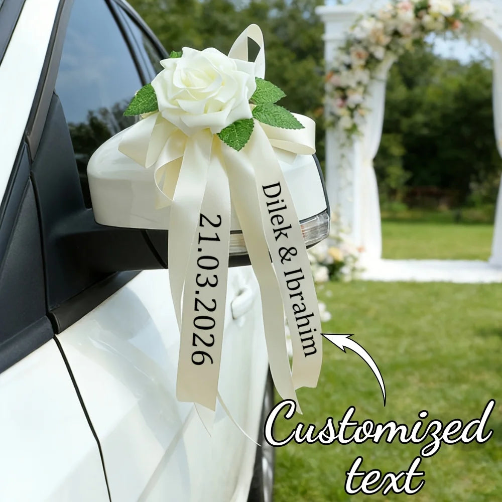 Wedding Car Door Decorations White Rose Bow Ribbon Customizable Vehicle Ornament