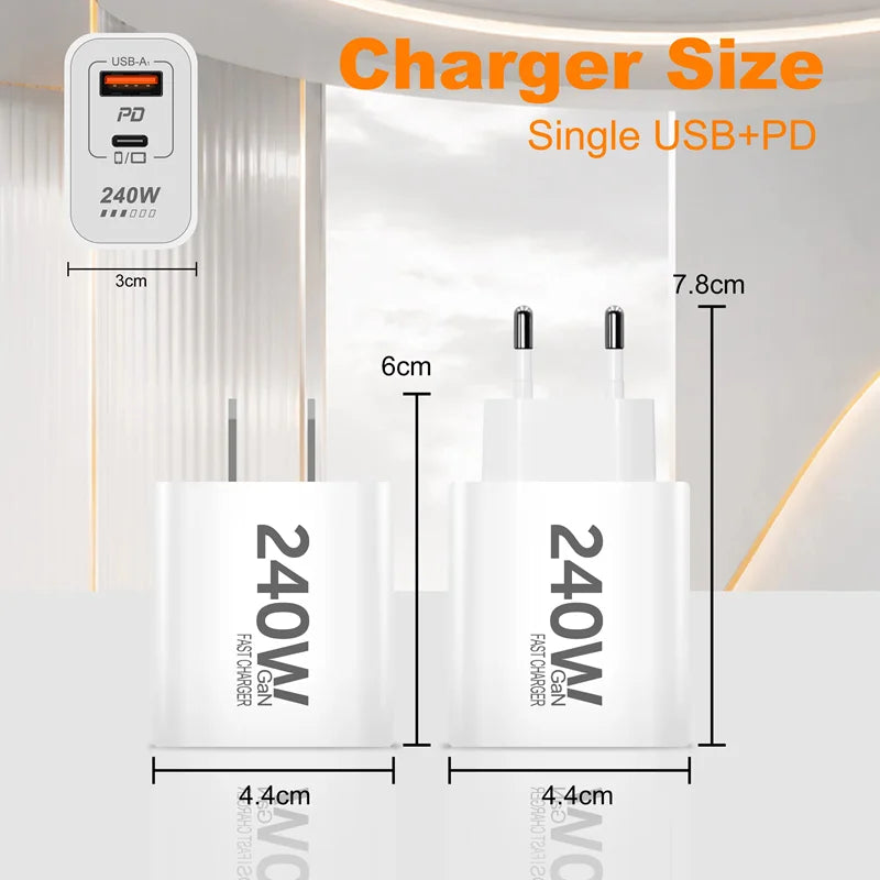 240W GaN USB C Fast Charger for iPhone, Xiaomi, iPad - Worldwide Plug Options