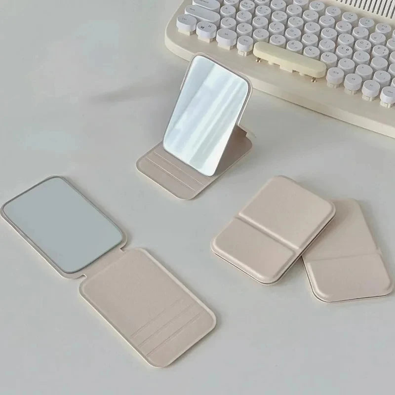 Foldable Portable Makeup Mirror with PU Leather Cover – Compact Handheld Cosmetic Mirror for Students