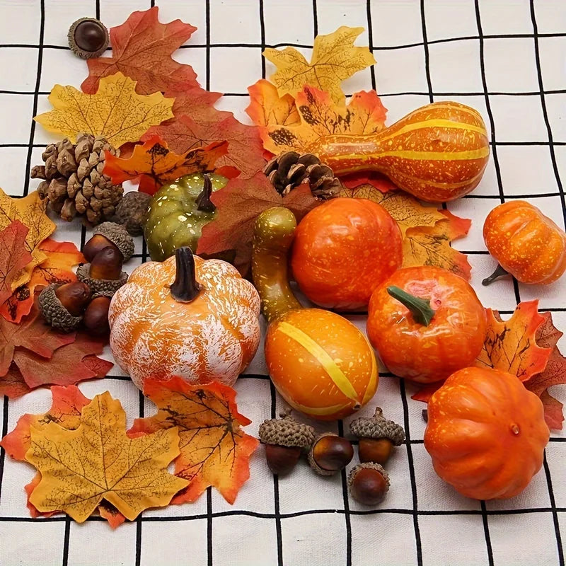 Thanksgiving Artificial Pumpkin Set with Leaves Acorns & Pine Cones for Autumn Decor