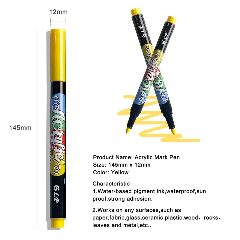 10 Pcs Yellow Acrylic Paint Markers Set Fine Tip Permanent for Rock Fabric Wood Metal Glass Canvas Tires