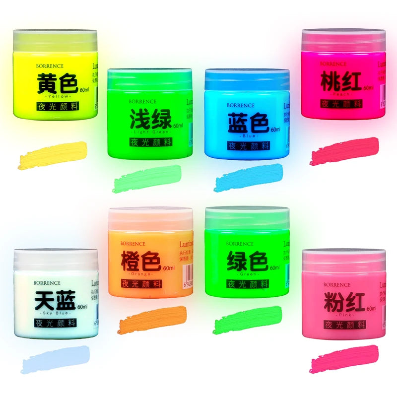 60ml Fluorescent Acrylic Paint Set - Glow in Dark Art & Craft Supplies