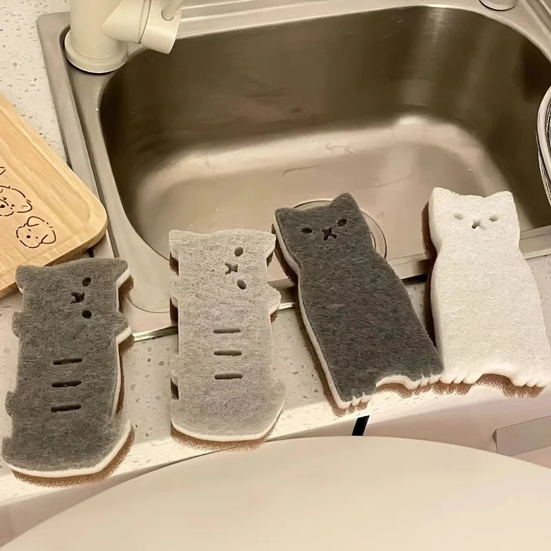Cute Cat Shaped Kitchen Sponge Set - 3-Layer Dish Cleaning Tool, 4 Pieces