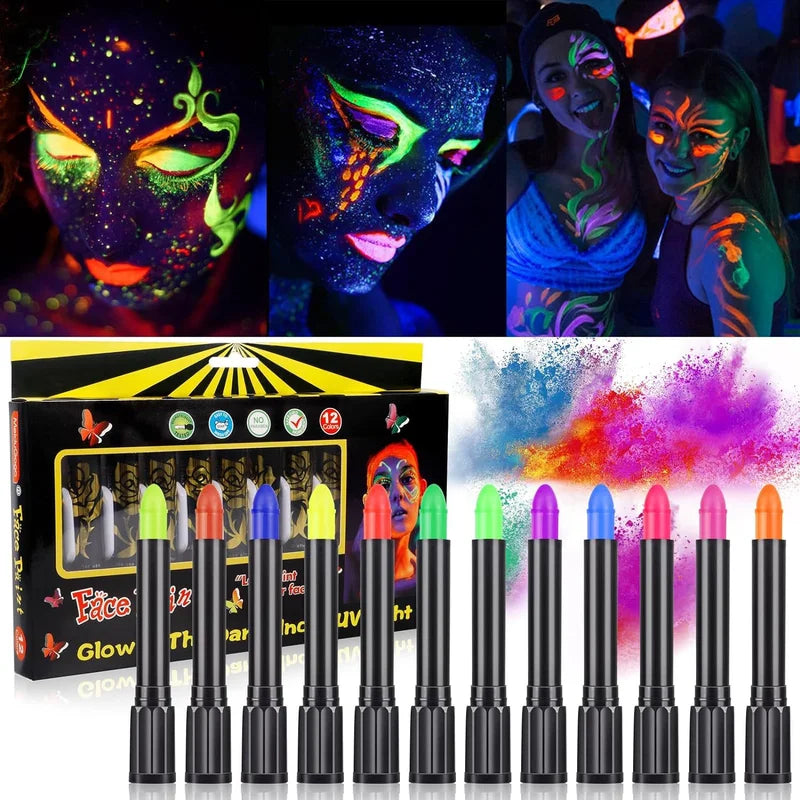 UV Neon Face Painting Crayons Set for Kids - Glow in the Dark Makeup, 12 Colors