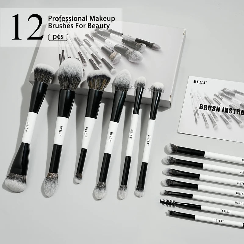 Dual-Ended Makeup Brush Set - 12 Vegan Professional Contour Foundation Eyebrow Brushes