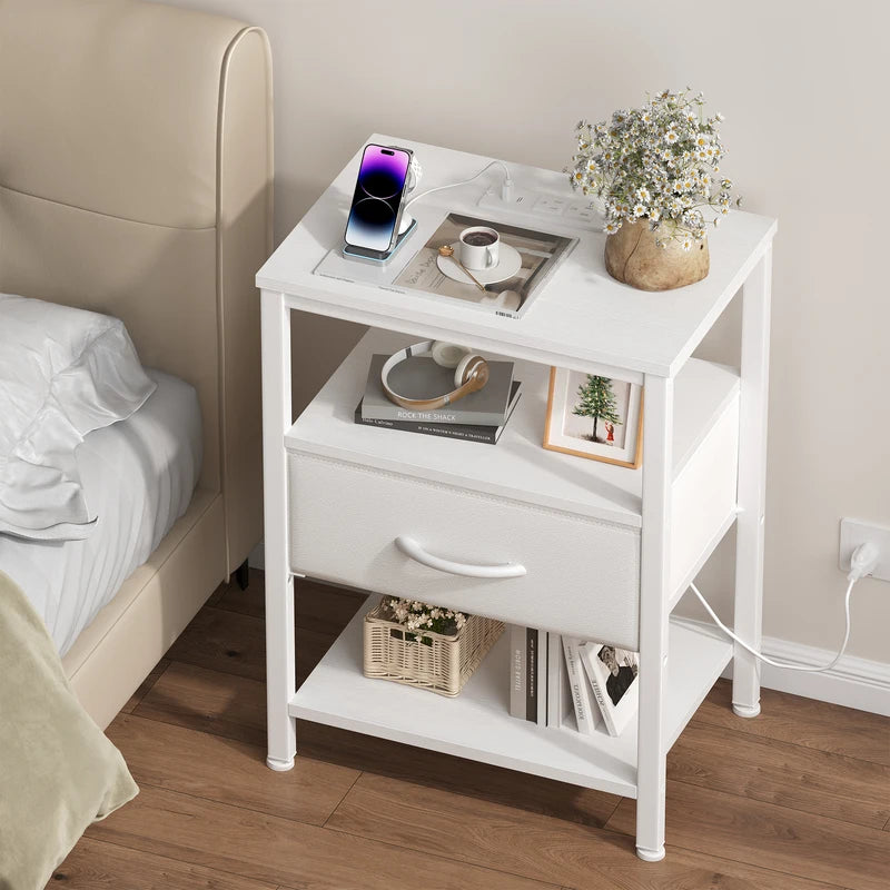 Nightstand with Fabric Drawers, LED Light Strip & Charging Station - Compact Bedside Table with Storage