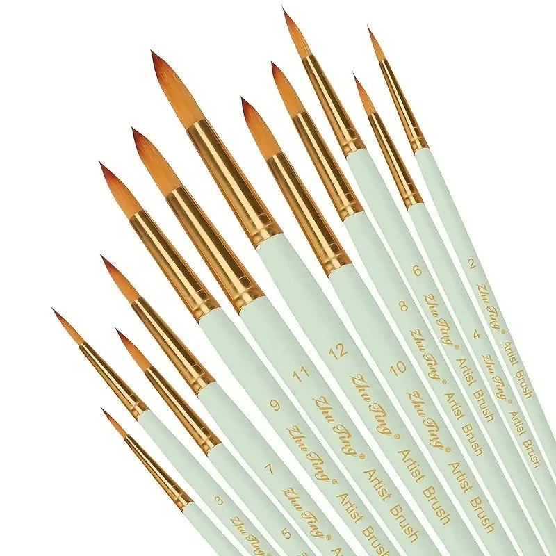 12-Piece Artist Paint Brush Set - Versatile Watercolor, Acrylic, Oil & Gouache Brushes
