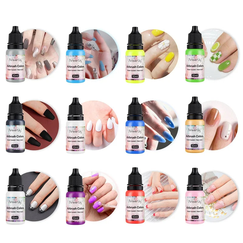 12-Color Water-Based Nail Ink Set - Matte Black & Pearl White for Nail Art and Airbrush Painting