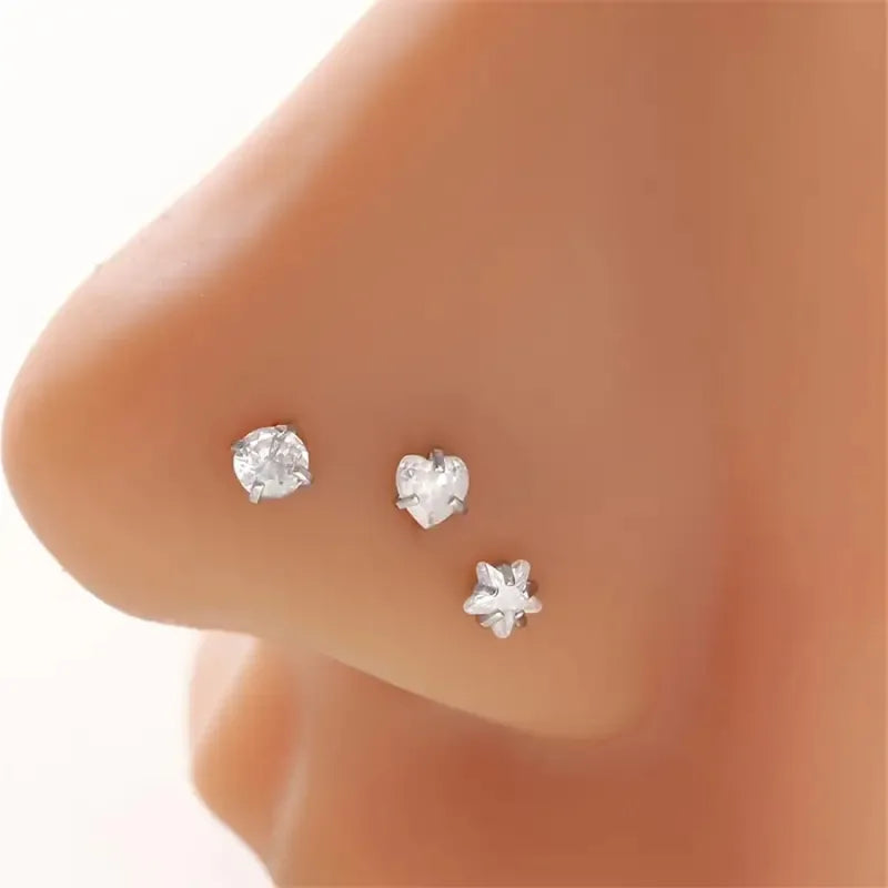 3-Piece Heart Star Zirconia Nose Stud Set - Stainless Steel Nostril Jewelry for Women Girls
