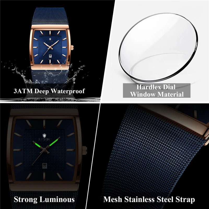 Luxury Square Quartz Wristwatch for Men - Rose Gold Automatic Blue Dial