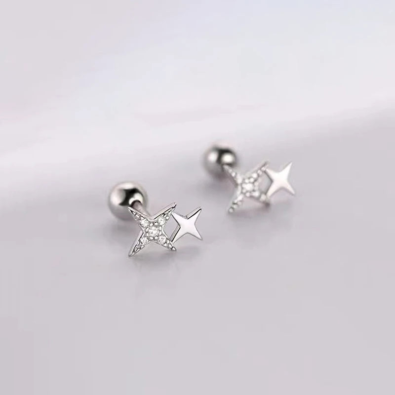 925 Silver Zircon Star Bead Screw Stud Earrings for Women Party Jewelry