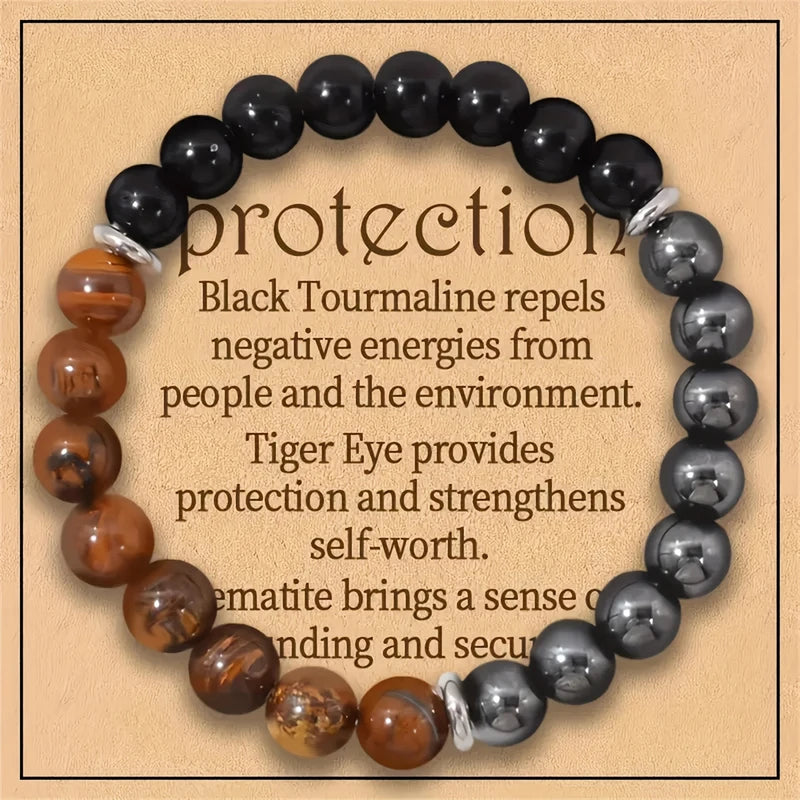 Triple Protection Crystal Bracelet with Tiger Eye, Black Obsidian & Hematite – 8mm Healing Gemstone Stretch Jewelry