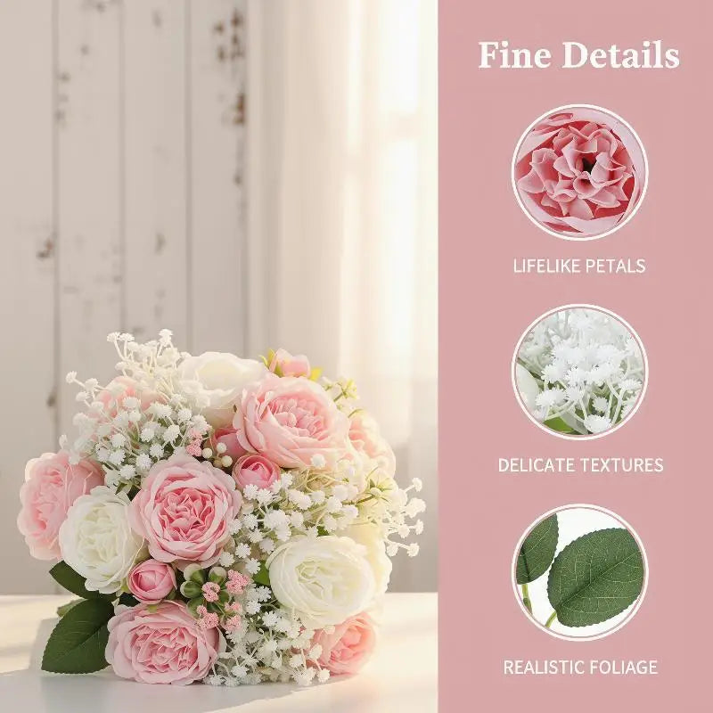 Artificial Rose & Baby Breath Bouquet Wedding Decoration - Romantic Fake Flower Set