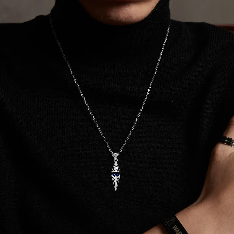 Men's Blue Stone Necklace with Geometric Pendant - Stainless Steel Collar Jewelry