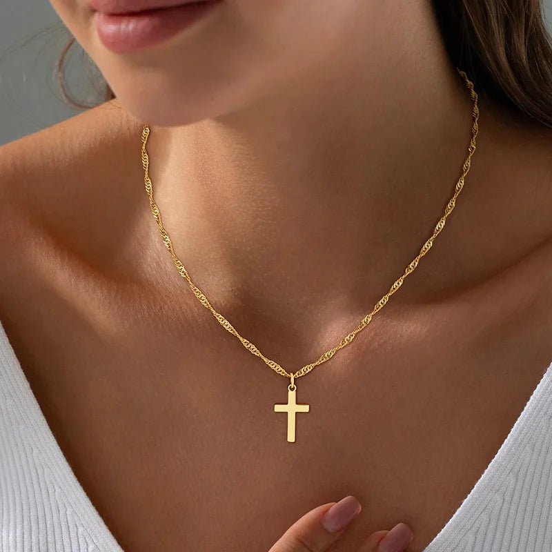 Minimalist Christian Cross Necklace Women 18K Gold Plated Religious Jewelry Gift
