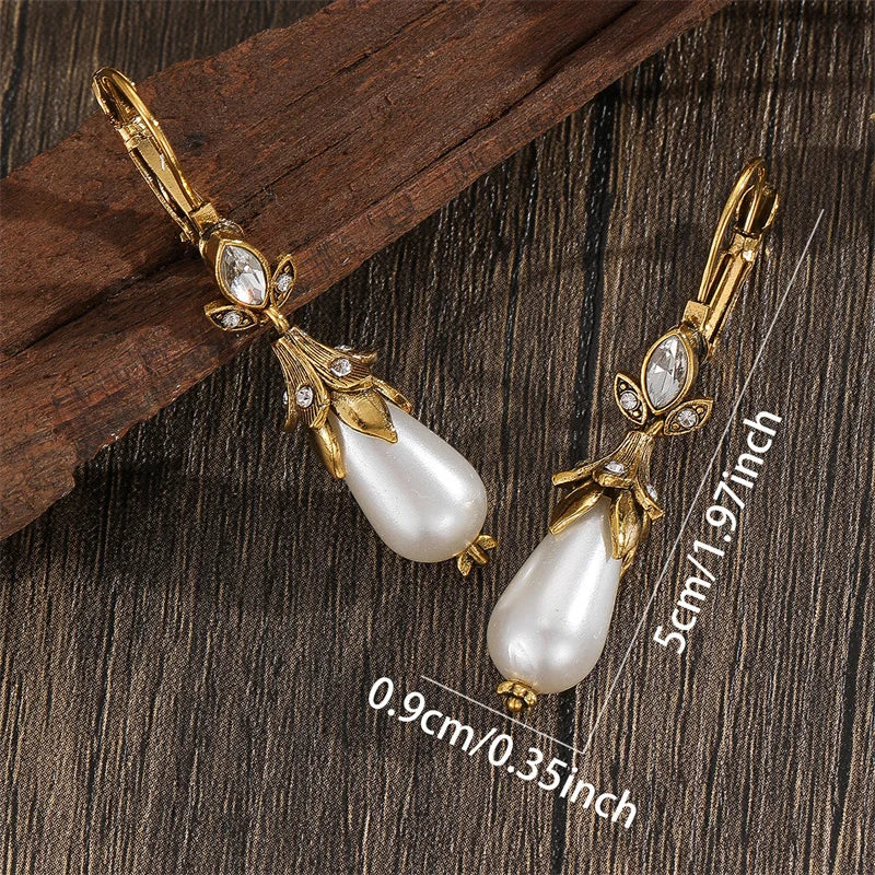 Vintage Water Droplet Pearl Earrings Ethnic Gold Carved Flower Dangle Jewelry for Women