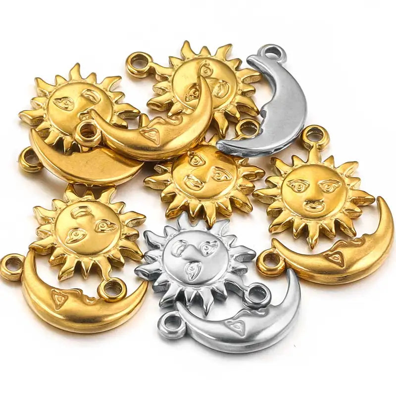 10pcs Stainless Steel Charms for Jewelry Making - Sun Moon Flower Pendants, Gold & Silver Plated